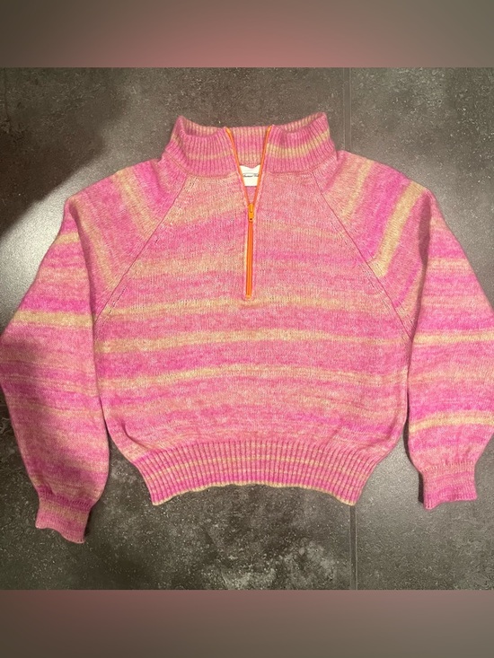 American Vintage Sweaters - American Vintage Pink and Cream Striped Half-Zip Turtleneck Pullover
